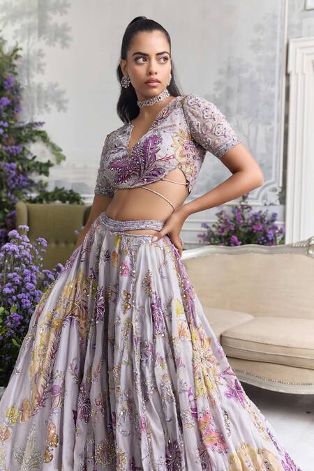 Shop_Mahima Mahajan_Lilac Silk Organza Sequins, Beads, Embroidery, Zaira Floral Lehenga Blouse Set _Online_at_Aza_Fashions