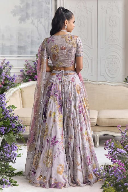 Shop_Mahima Mahajan_Lilac Silk Organza Sequins, Beads, Embroidery, Zaira Floral Lehenga Blouse Set _at_Aza_Fashions