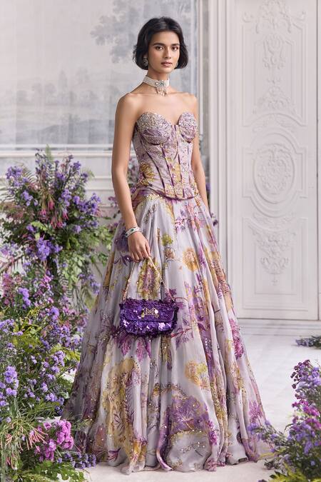 Shop Mahima Mahajan Lilac Silk Organza Sequins, Stones, Elanor Floral Corset And Lehenga Set Online at Aza Fashions Shop_Mahima Mahajan_Lilac Silk Organza Sequins, Stones, Elanor Floral Corset And Lehenga Set _Online_at_Aza_Fashions