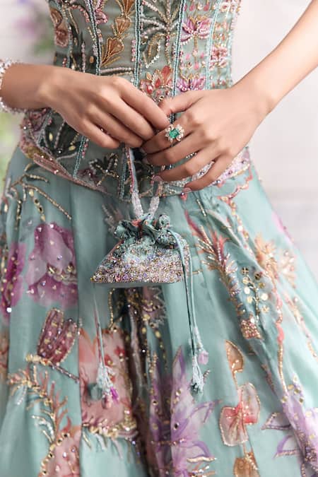 Mahima Mahajan_Green Silk Organza Beads, Sequins, Ilana Floral Corset And Lehenga Set _Online_at_Aza_Fashions