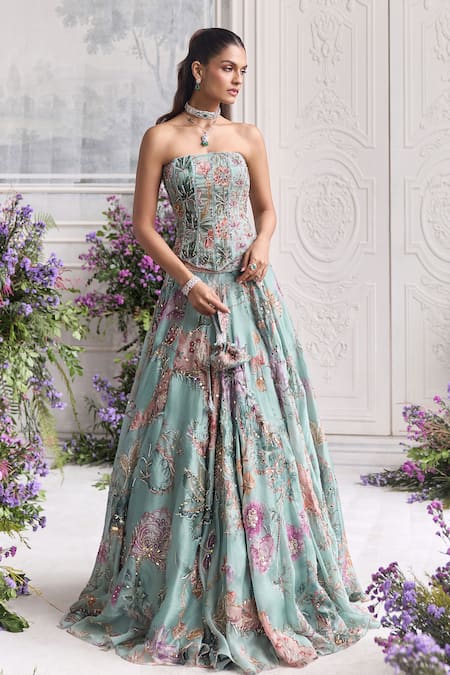 Buy_Mahima Mahajan_Green Silk Organza Beads, Sequins, Ilana Floral Corset And Lehenga Set 