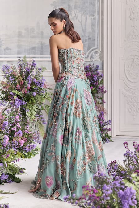 Shop_Mahima Mahajan_Green Silk Organza Beads, Sequins, Ilana Floral Corset And Lehenga Set _at_Aza_Fashions