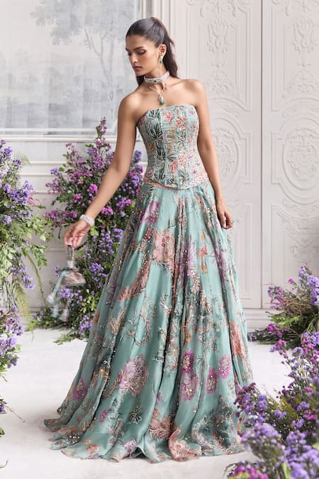 Shop_Mahima Mahajan_Green Silk Organza Beads, Sequins, Ilana Floral Corset And Lehenga Set 