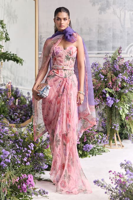 Shop_Mahima Mahajan_Pink Silk Organza Beads, Inara Floral Print Corset And Draped Dress Set  _Online_at_Aza_Fashions