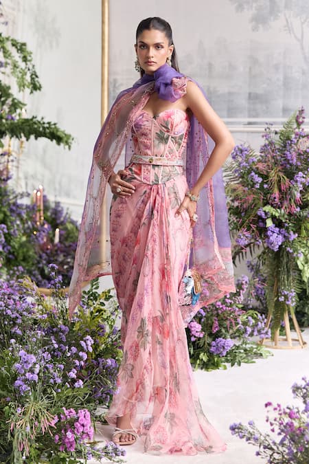 Mahima Mahajan Inara Floral Print Corset & Draped Dress Set  