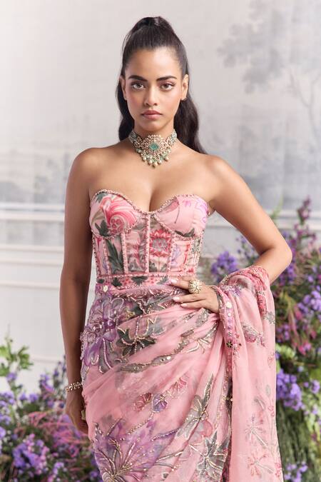 Mahima Mahajan_Pink Silk Organza Sequins, Zari, Aviva Floral Pre-draped Saree And Corset Set _Online_at_Aza_Fashions