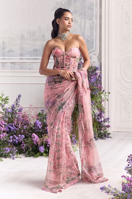 Buy_Mahima Mahajan_Pink Silk Organza Sequins, Zari, Aviva Floral Pre-draped Saree And Corset Set _Online_at_Aza_Fashions