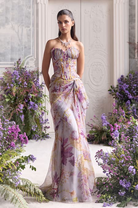 Shop_Mahima Mahajan_Lilac Silk Organza Sweetheart Neck Salma Floral Print Corset And Draped Dress Set _Online_at_Aza_Fashions