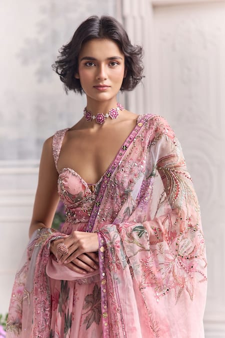 Mahima Mahajan Pink Silk Organza Sequins, Aqeela Floral Printed Anarkali And Dupatta Set Online at Aza Fashions Mahima Mahajan_Pink Silk Organza Sequins, Aqeela Floral Printed Anarkali And Dupatta Set _Online_at_Aza_Fashions