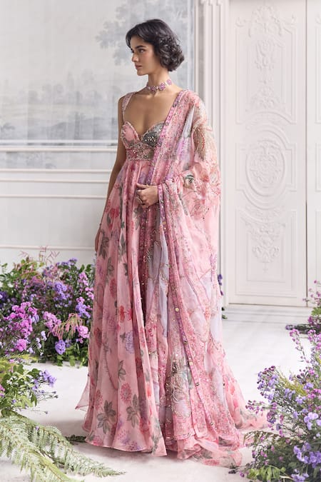 Shop Mahima Mahajan Pink Silk Organza Sequins, Aqeela Floral Printed Anarkali And Dupatta Set Online at Aza Fashions Shop_Mahima Mahajan_Pink Silk Organza Sequins, Aqeela Floral Printed Anarkali And Dupatta Set _Online_at_Aza_Fashions