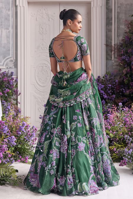 Shop_Mahima Mahajan_Green Silk Organza Embroidery, Sequins, Beads, Metallic Adaia Lehenga Set _at_Aza_Fashions