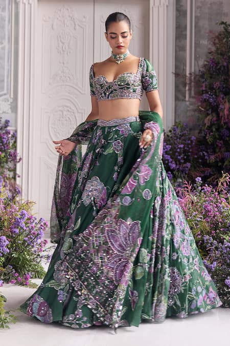 Buy_Mahima Mahajan_Green Silk Organza Embroidery, Sequins, Beads, Metallic Adaia Lehenga Set _Online_at_Aza_Fashions