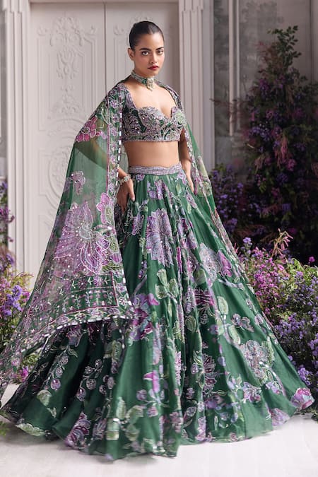 Shop_Mahima Mahajan_Green Silk Organza Embroidery, Sequins, Beads, Metallic Adaia Lehenga Set _Online_at_Aza_Fashions
