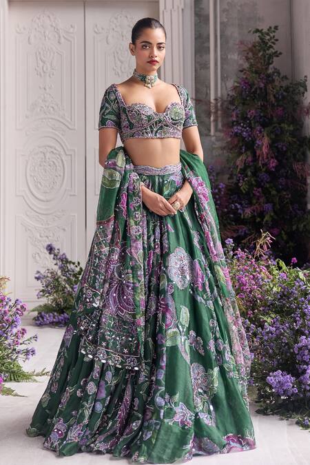 Buy_Mahima Mahajan_Green Silk Organza Embroidery, Sequins, Beads, Metallic Adaia Lehenga Set 