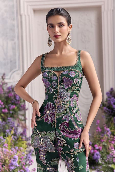 Mahima Mahajan_Green Silk Organza Embroidery, Sequins, Beads Square Nihal Kurta Sharara Set _Online_at_Aza_Fashions