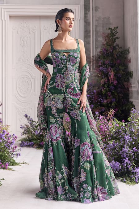 Buy_Mahima Mahajan_Green Silk Organza Embroidery, Sequins, Beads Square Nihal Kurta Sharara Set _Online_at_Aza_Fashions