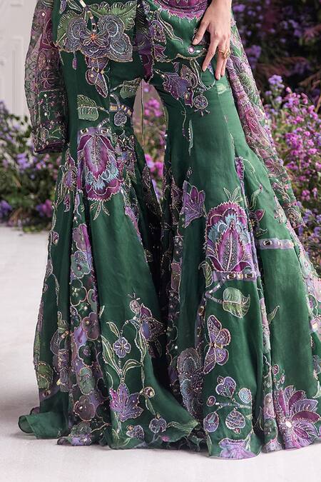 Shop_Mahima Mahajan_Green Silk Organza Embroidery, Sequins, Beads Square Nihal Kurta Sharara Set _Online_at_Aza_Fashions