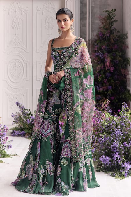 Buy_Mahima Mahajan_Green Silk Organza Embroidery, Sequins, Beads Square Nihal Kurta Sharara Set 