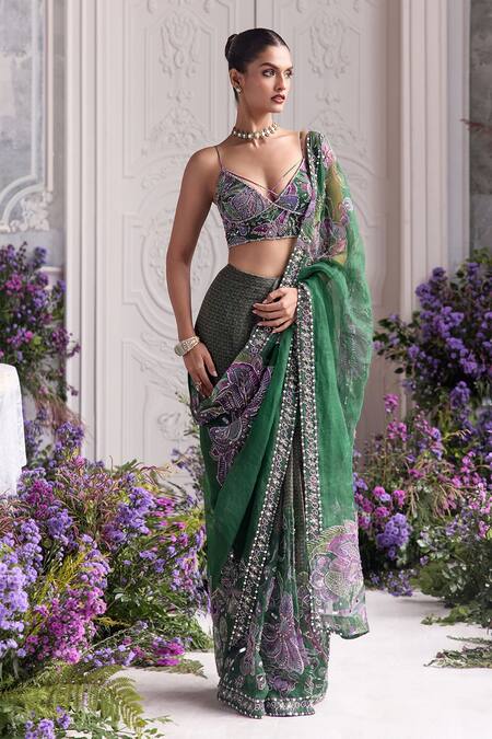 Shop Mahima Mahajan Green Silk Organza Sequins, Zumra Pre-draped Saree And Padded Blouse Set Online at Aza Fashions Shop_Mahima Mahajan_Green Silk Organza Sequins, Zumra Pre-draped Saree And Padded Blouse Set _Online_at_Aza_Fashions