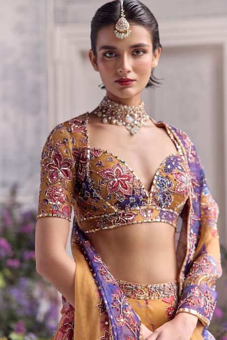 Mahima Mahajan_Mustard Silk Organza Sequins, Zari, Embroidery Zena Floral Lehenga Set _Online_at_Aza_Fashions