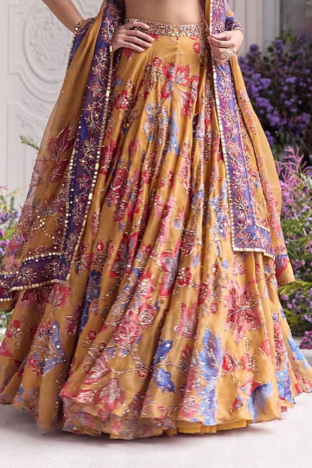Buy_Mahima Mahajan_Mustard Silk Organza Sequins, Zari, Embroidery Zena Floral Lehenga Set _Online_at_Aza_Fashions