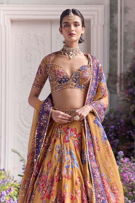 Shop_Mahima Mahajan_Mustard Silk Organza Sequins, Zari, Embroidery Zena Floral Lehenga Set _Online_at_Aza_Fashions