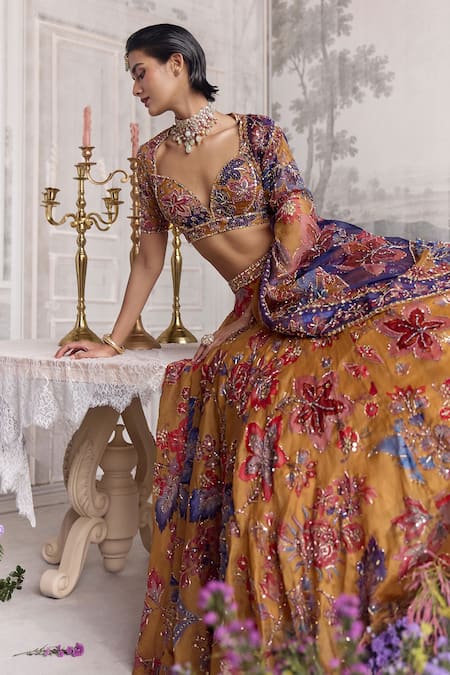 Mahima Mahajan_Mustard Silk Organza Sequins, Zari, Embroidery Zena Floral Lehenga Set _at_Aza_Fashions