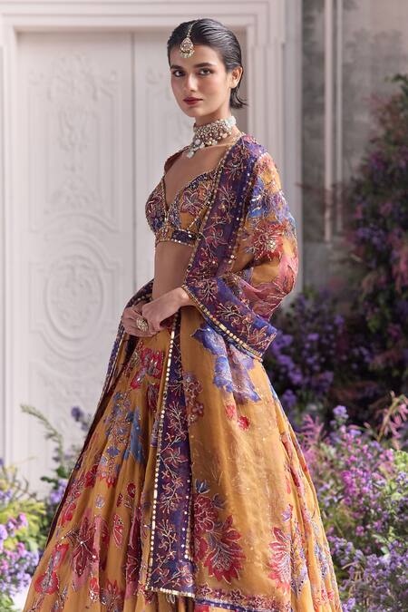 Buy_Mahima Mahajan_Mustard Silk Organza Sequins, Zari, Embroidery Zena Floral Lehenga Set 