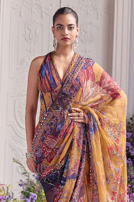 Mahima Mahajan_Yellow Silk Organza Sequins, Beads, Ivana Printed Pre-draped Saree And Blouse Set _Online_at_Aza_Fashions