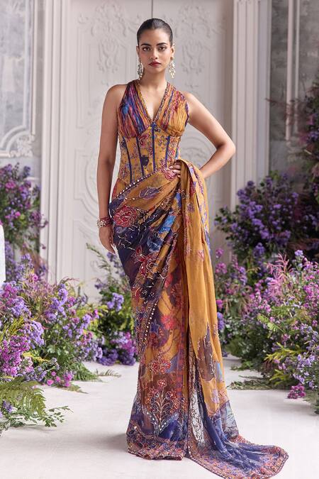 Buy_Mahima Mahajan_Yellow Silk Organza Sequins, Beads, Ivana Printed Pre-draped Saree And Blouse Set _Online_at_Aza_Fashions