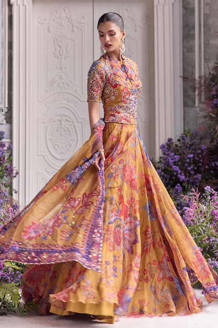 Shop_Mahima Mahajan_Multi Color Silk Organza Sequins, Beads, Liba Floral Print Anarkali Set _Online_at_Aza_Fashions