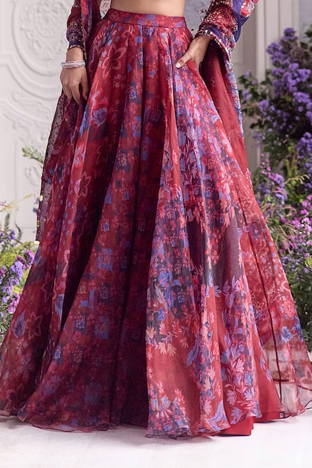 Mahima Mahajan_Red Silk Organza Embroidery, Sequins, Beads, Zoya Floral Printed Lehenga Set _Online_at_Aza_Fashions