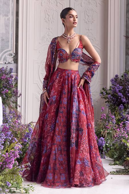 Buy_Mahima Mahajan_Red Silk Organza Embroidery, Sequins, Beads, Zoya Floral Printed Lehenga Set _Online_at_Aza_Fashions