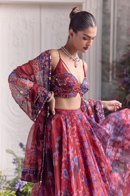 Shop_Mahima Mahajan_Red Silk Organza Embroidery, Sequins, Beads, Zoya Floral Printed Lehenga Set _Online_at_Aza_Fashions
