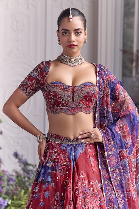 Mahima Mahajan_Red Silk Organza Sequins, Stones, Embroidery, Zari Ridaa Floral Lehenga Set _Online_at_Aza_Fashions