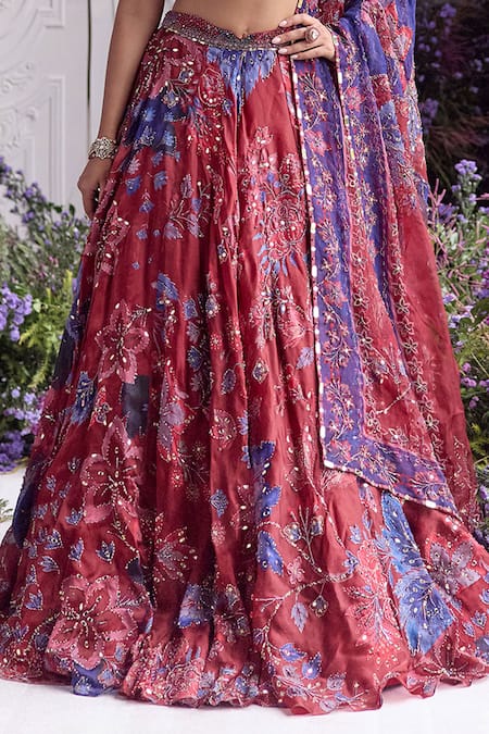 Buy_Mahima Mahajan_Red Silk Organza Sequins, Stones, Embroidery, Zari Ridaa Floral Lehenga Set _Online_at_Aza_Fashions