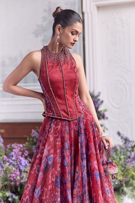 Mahima Mahajan_Red Silk Organza Beads, Safiya Embroidered Corset And Floral Printed Lehenga Set _Online_at_Aza_Fashions
