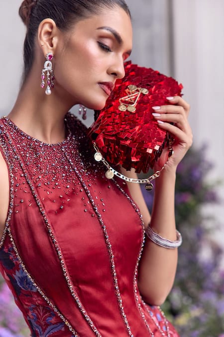 Buy_Mahima Mahajan_Red Silk Organza Beads, Safiya Embroidered Corset And Floral Printed Lehenga Set _Online_at_Aza_Fashions