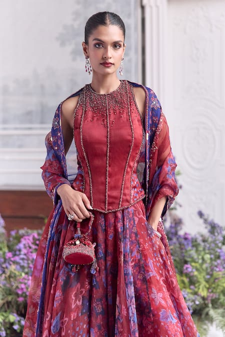 Shop_Mahima Mahajan_Red Silk Organza Beads, Safiya Embroidered Corset And Floral Printed Lehenga Set _Online_at_Aza_Fashions
