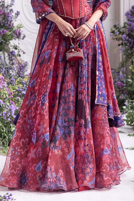 Mahima Mahajan_Red Silk Organza Beads, Safiya Embroidered Corset And Floral Printed Lehenga Set _at_Aza_Fashions