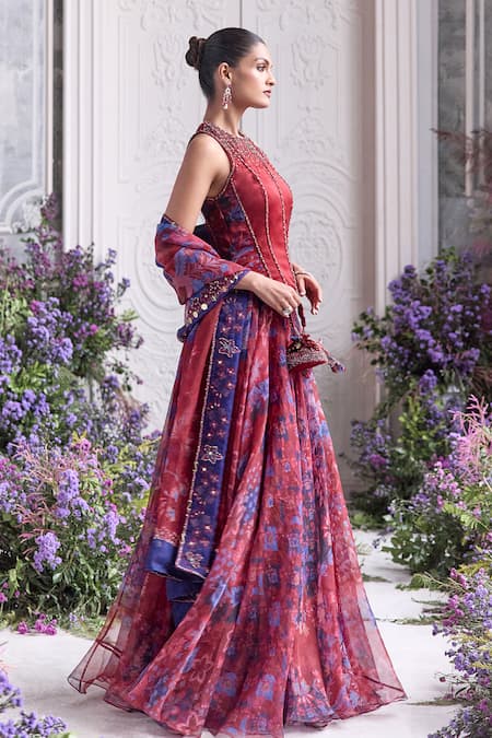 Shop_Mahima Mahajan_Red Silk Organza Beads, Safiya Embroidered Corset And Floral Printed Lehenga Set _at_Aza_Fashions