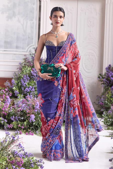 Shop Mahima Mahajan Blue Silk Organza Sequins, Zari Amanah Printed Pre-draped Saree With Blouse Online at Aza Fashions Shop_Mahima Mahajan_Blue Silk Organza Sequins, Zari Amanah Printed Pre-draped Saree With Blouse _Online_at_Aza_Fashions