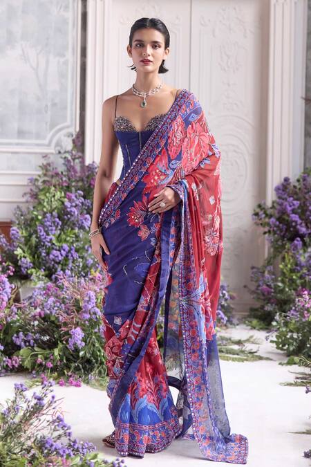 Mahima Mahajan Blue Silk Organza Sequins, Zari Amanah Printed Pre-draped Saree With Blouse at Aza Fashions Mahima Mahajan_Blue Silk Organza Sequins, Zari Amanah Printed Pre-draped Saree With Blouse _at_Aza_Fashions