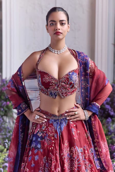 Buy_Mahima Mahajan_Red Silk Organza Embroidery, Sequins, Zari Halter Titli Pattern Lehenga Set  _Online_at_Aza_Fashions