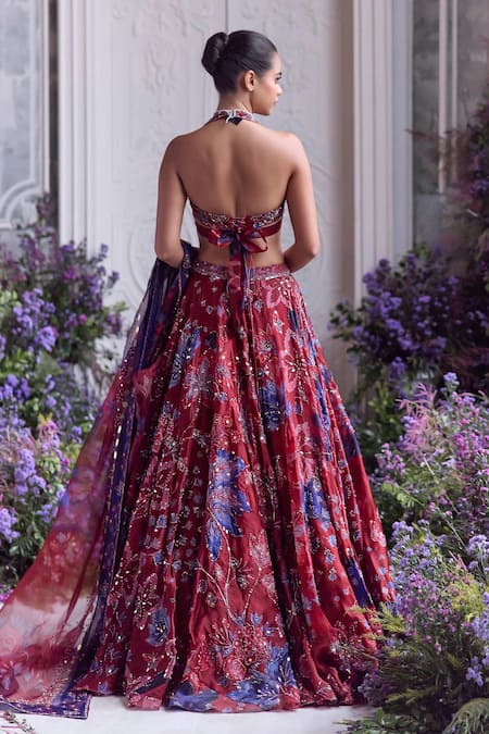 Shop_Mahima Mahajan_Red Silk Organza Embroidery, Sequins, Zari Halter Titli Pattern Lehenga Set  _at_Aza_Fashions
