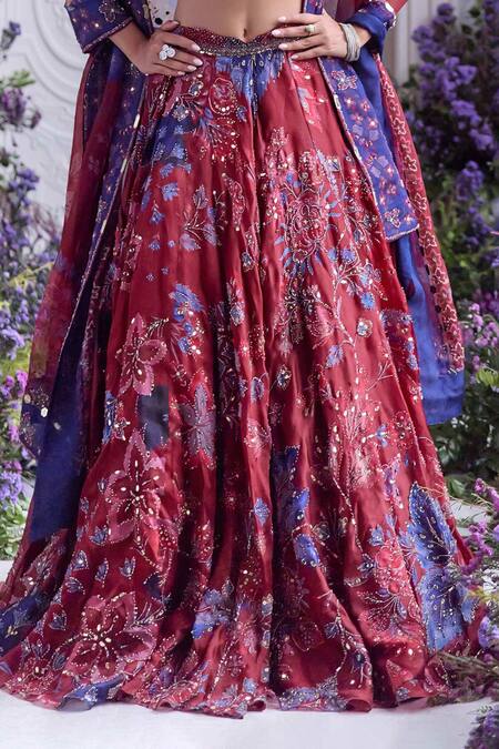 Shop_Mahima Mahajan_Red Silk Organza Embroidery, Sequins, Zari Halter Titli Pattern Lehenga Set  _Online_at_Aza_Fashions