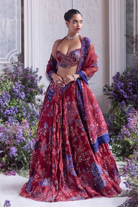 Mahima Mahajan_Red Silk Organza Embroidery, Sequins, Zari Halter Titli Pattern Lehenga Set  _at_Aza_Fashions