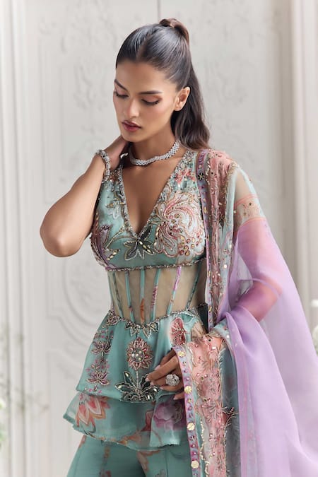 Mahima Mahajan_Green Silk Organza Sequins, Embroidery Hawa Printed Peplum Corset Sharara Set _Online_at_Aza_Fashions