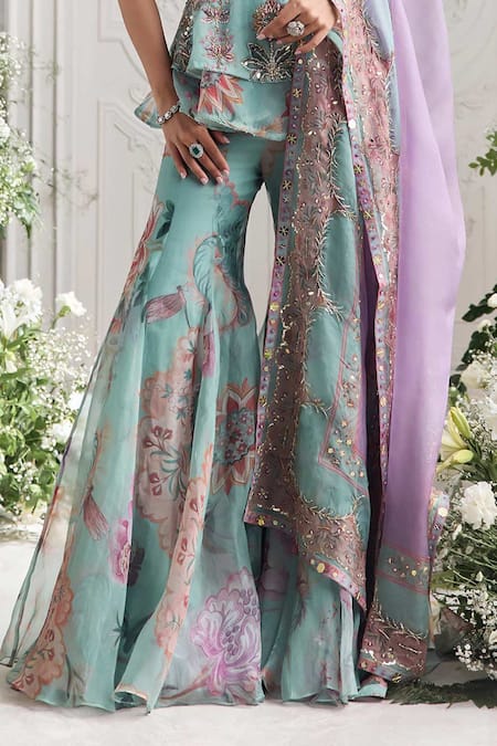 Buy_Mahima Mahajan_Green Silk Organza Sequins, Embroidery Hawa Printed Peplum Corset Sharara Set _Online_at_Aza_Fashions