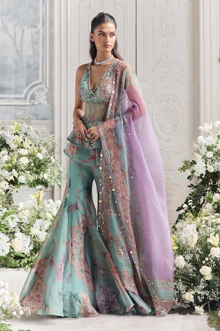 Mahima Mahajan_Green Silk Organza Sequins, Embroidery Hawa Printed Peplum Corset Sharara Set _at_Aza_Fashions
